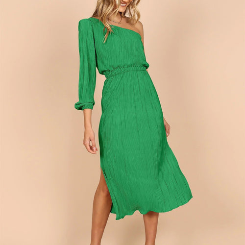 Asymmetrical pleated dress for women with waist belt Amarae