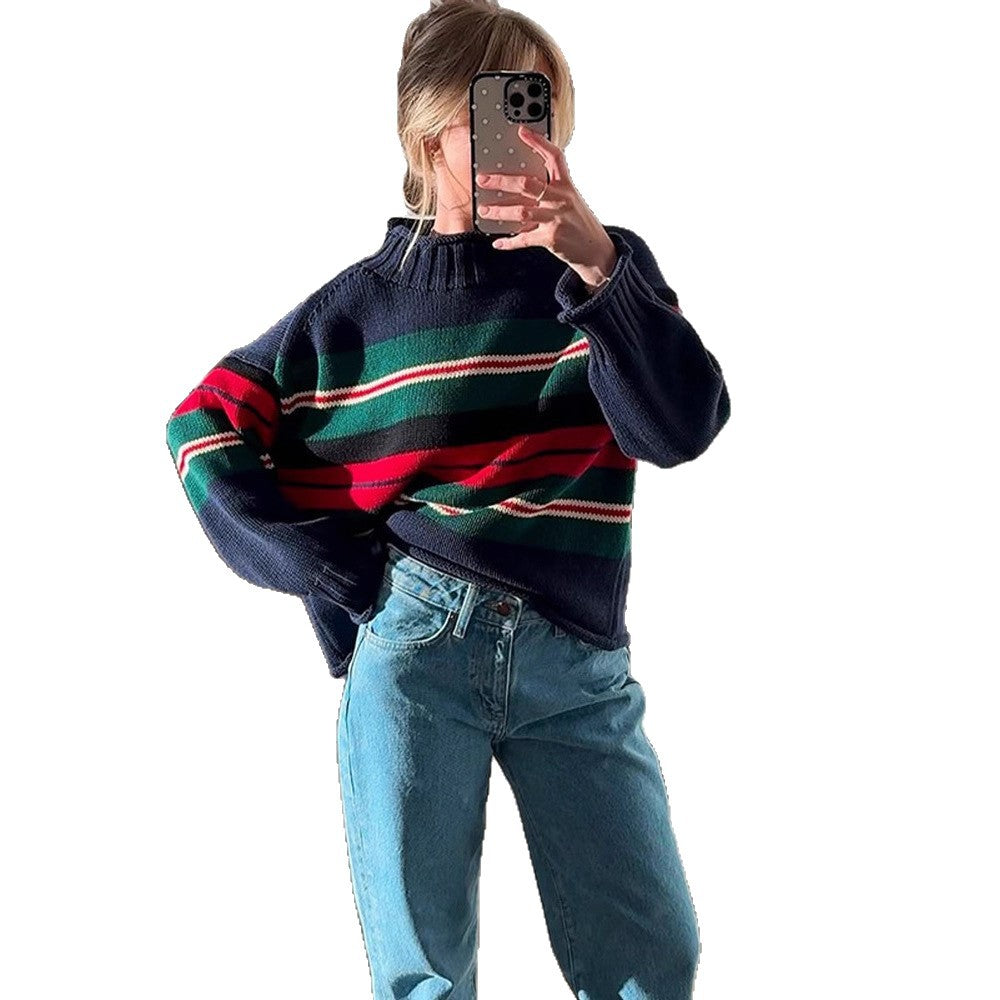 Women Striped Oversize Knit Sweater with Raglan Sleeves Amarae