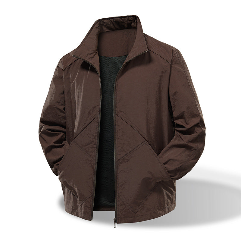 Men's Lightweight Windbreaker Outdoor Jacket with Stand Collar, Two-way Zipper and Concealed Pockets Amarae