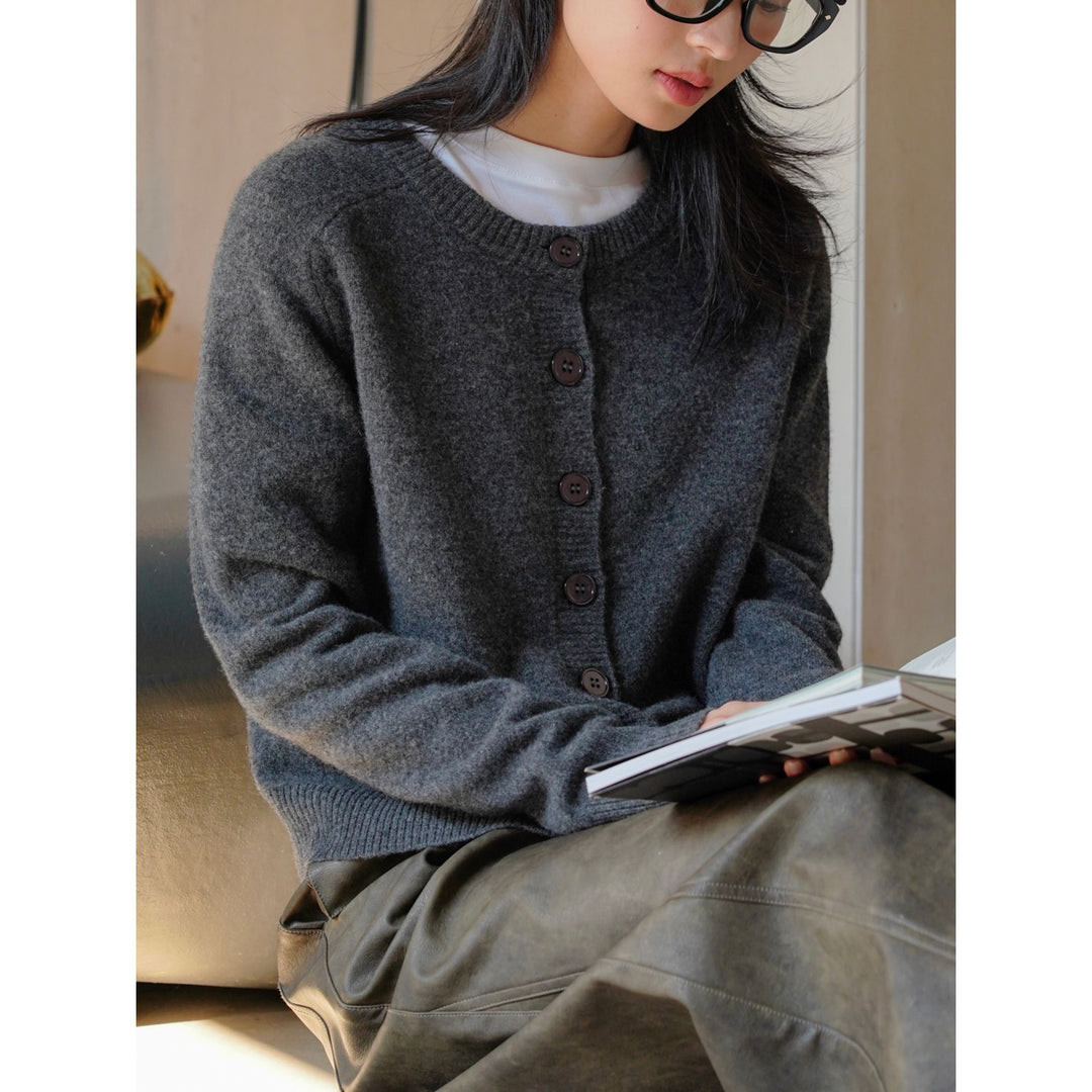 Women's Short Button Placket Cardigan made of fluffy Wool Blend with Round Neckline Amarae