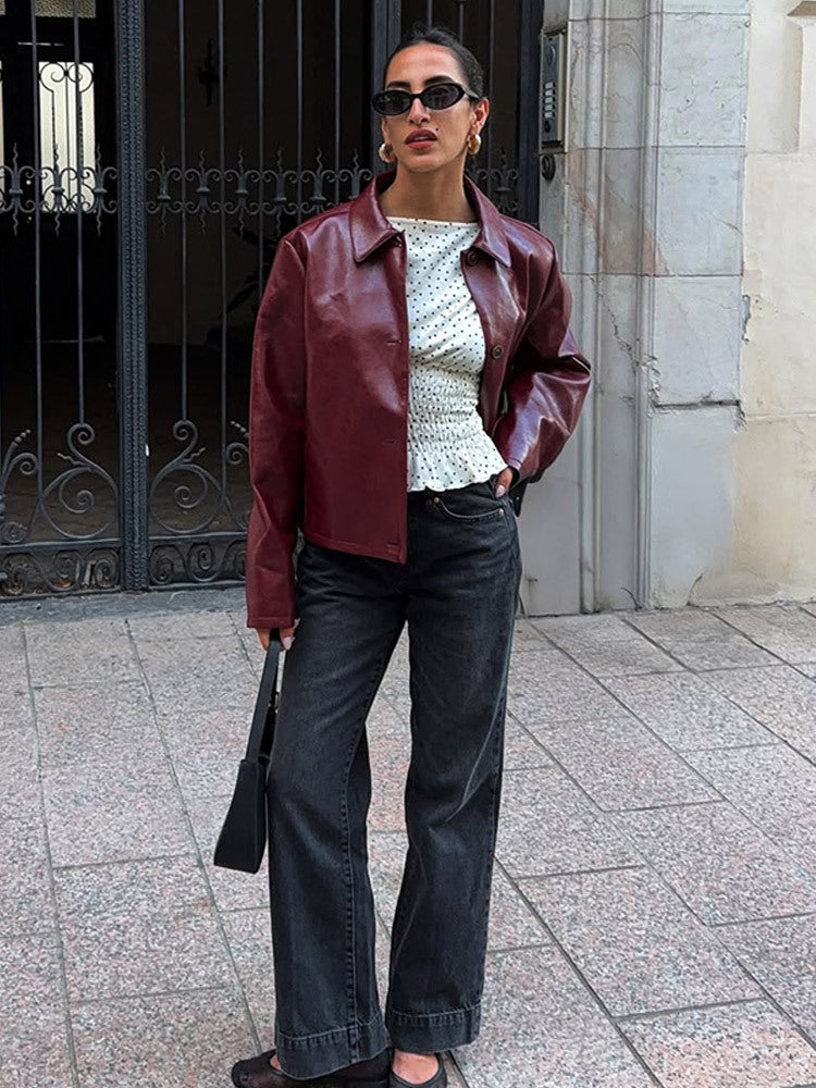 Women's Boxy Faux Leather Jacket with Shirt Collar and Straight Cropped Cut Amarae