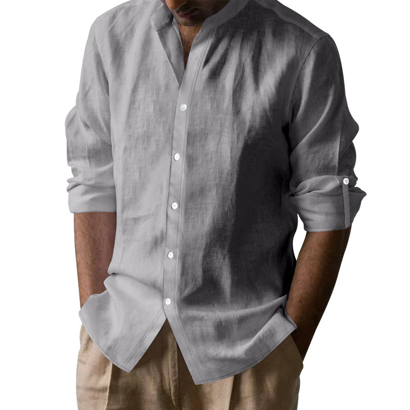 Men's Long Sleeve Shirt with Trendy Stand Collar and Chic Button Details