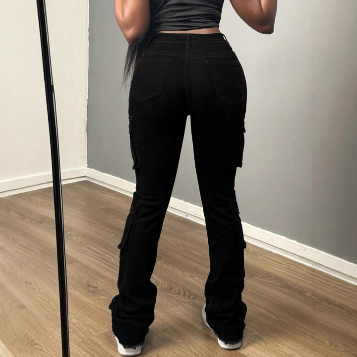 Ladies High-Waisted Cargo Jeans with Multiple Flap Pockets and Long Leg Amarae
