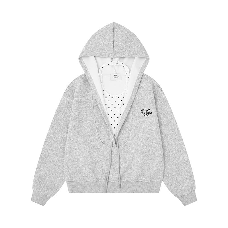 Women's Layered Hooded Jacket with Integrated Polka Dot Inner Layer and Drawstring Hood
