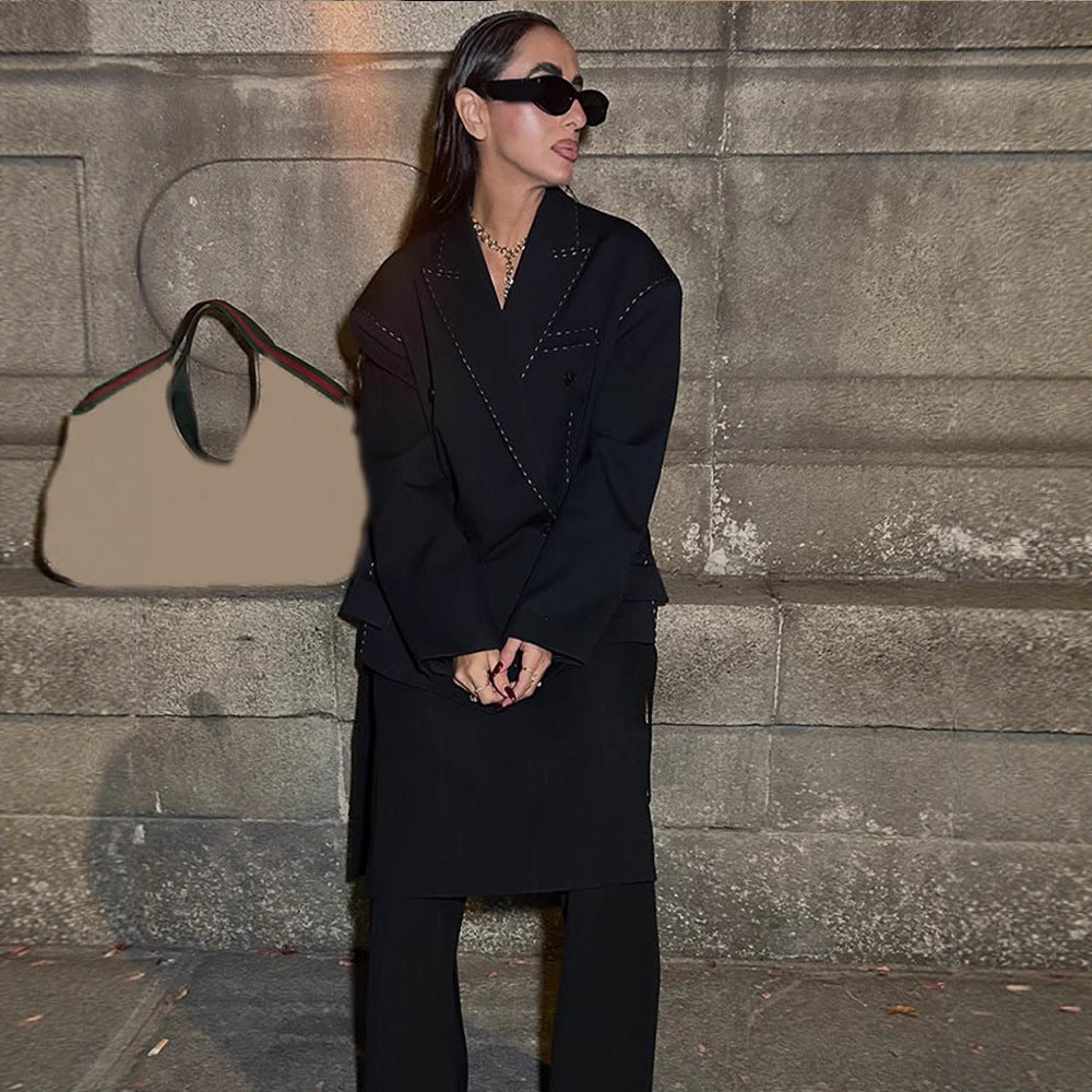 Women Oversized Two-Piece Boxy Blazer and Wide Pleated Trousers with Decorative Stitching Amarae