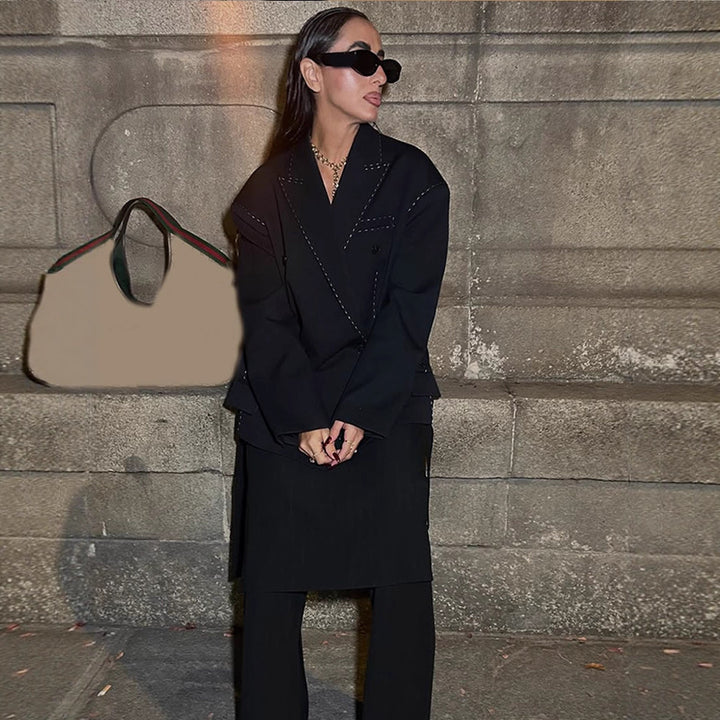 Women Oversized Two-Piece Boxy Blazer and Wide Pleated Trousers with Decorative Stitching Amarae