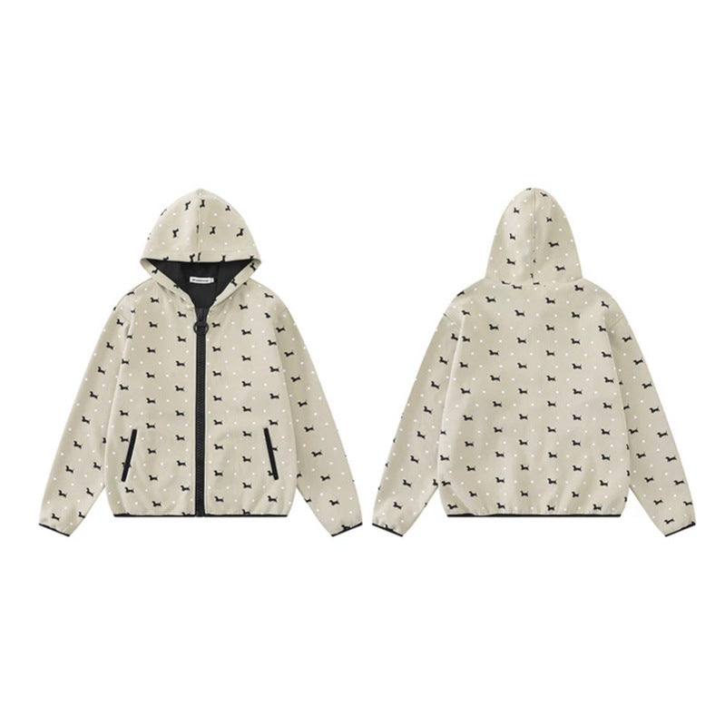 Women Lightweight Hooded Zip Jacket with Dog Silhouette and Polka Dot Allover Amarae