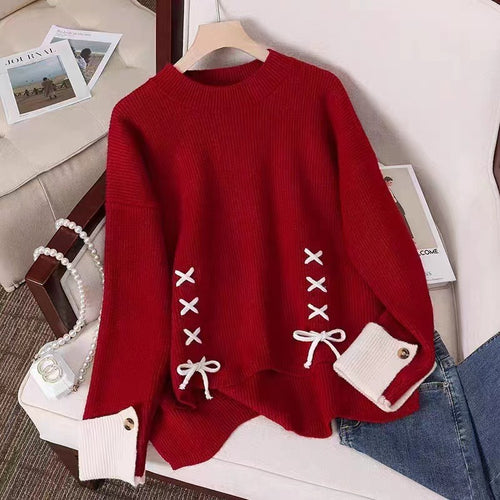 Casual knitted sweater for women with decorative knot and button details Amarae