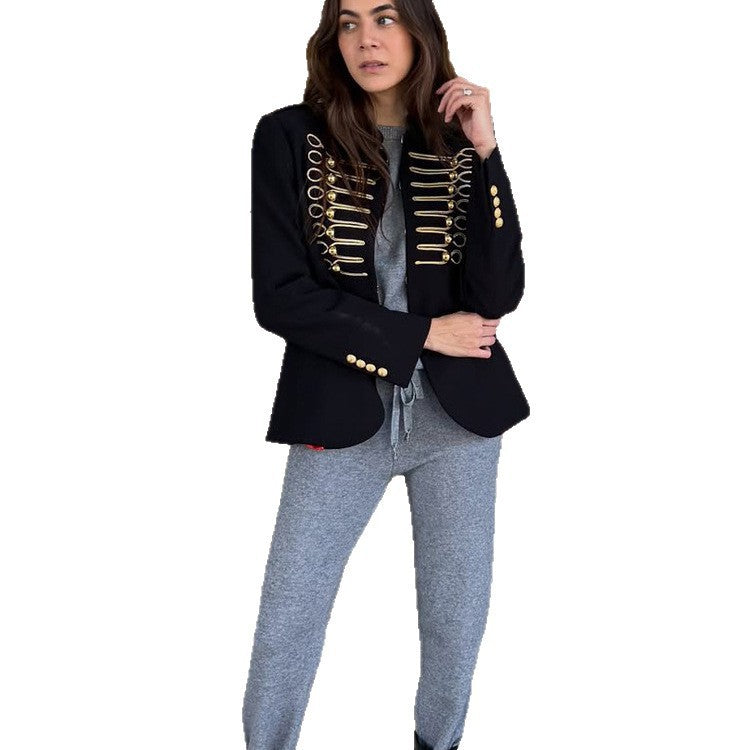 Ladies military-inspired fitted blazer with gold-embroidered cord applications Amarae