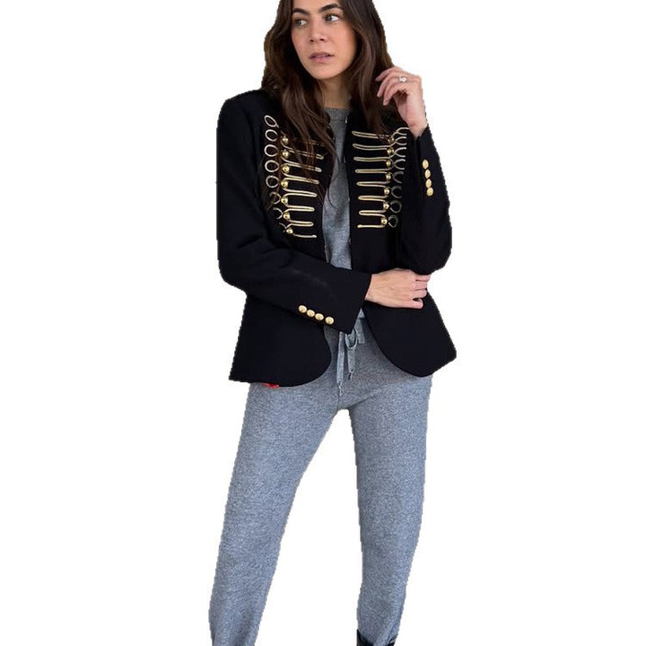 Ladies military-inspired fitted blazer with gold-embroidered cord applications Amarae