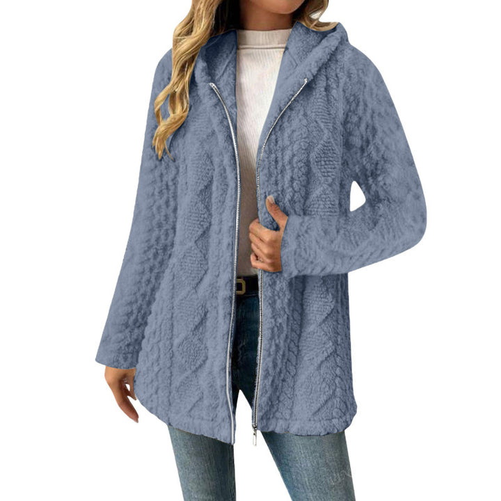 Women's Hooded Sherpa Jacket with Cable Pattern, Medium Length and Two-Way Zipper Amarae