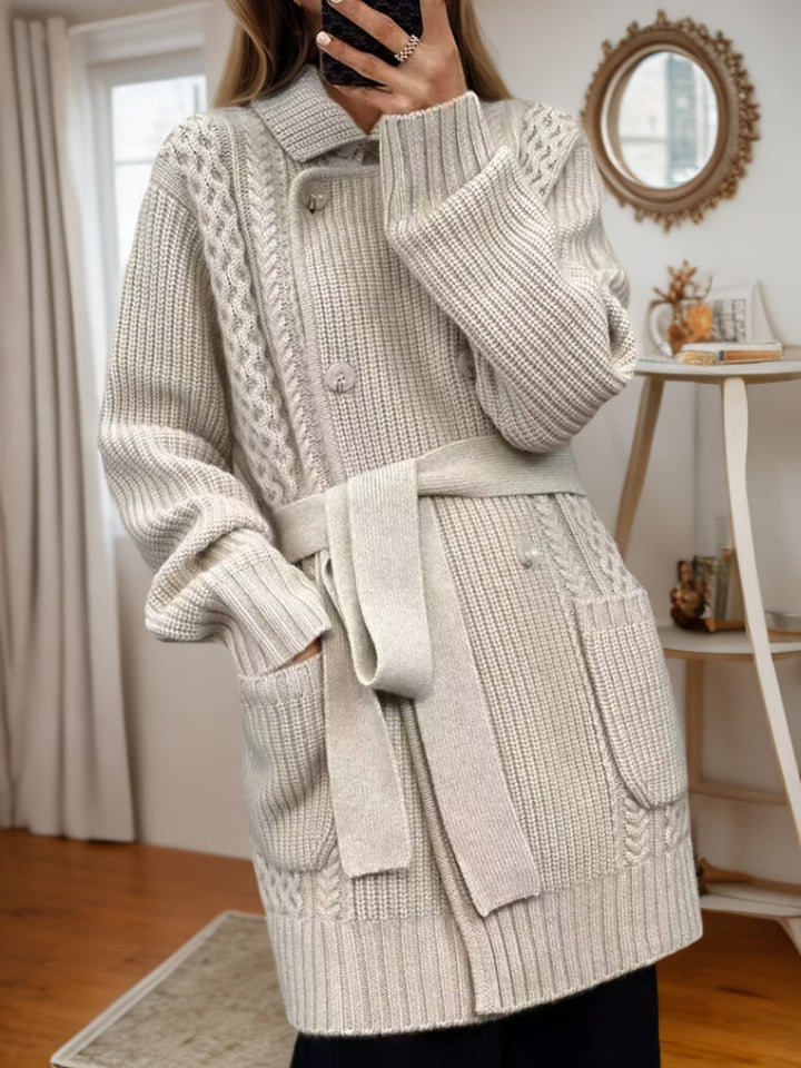 Knitted jacket for women with adjustable belt and textured cable pattern Lune London