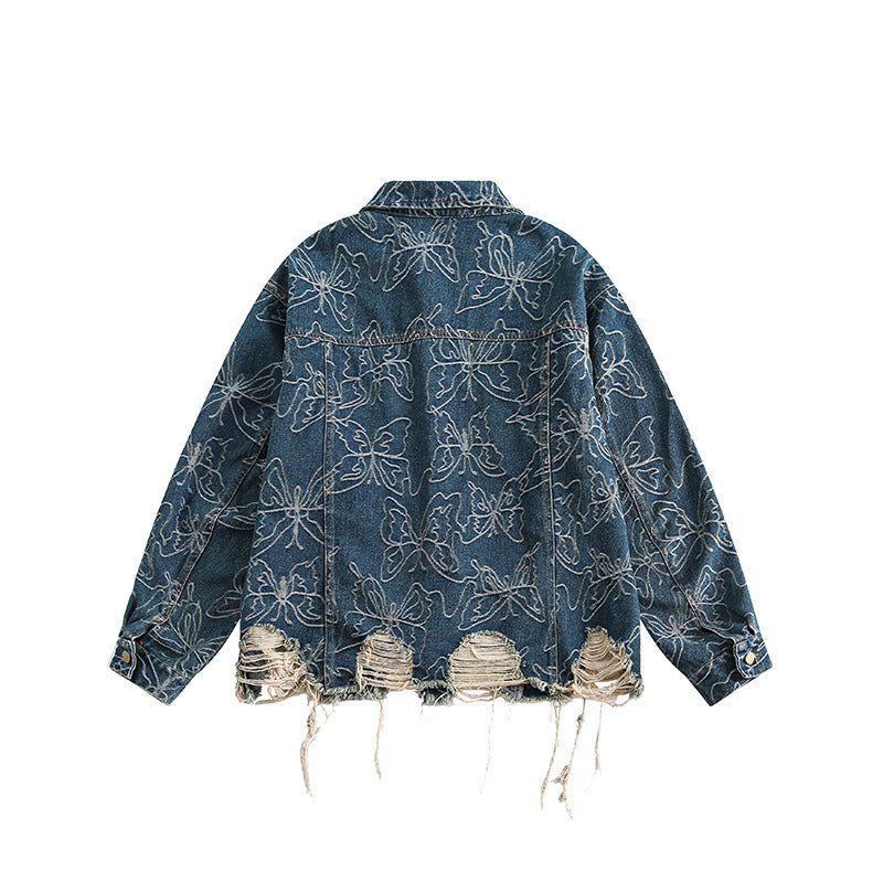 Unisex Oversized Jeans Jacket with Floral Embroidery, Contrast Panels and Frayed Hem Amarae