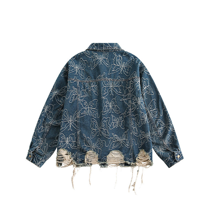 Unisex Oversized Jeans Jacket with Floral Embroidery, Contrast Panels and Frayed Hem Amarae