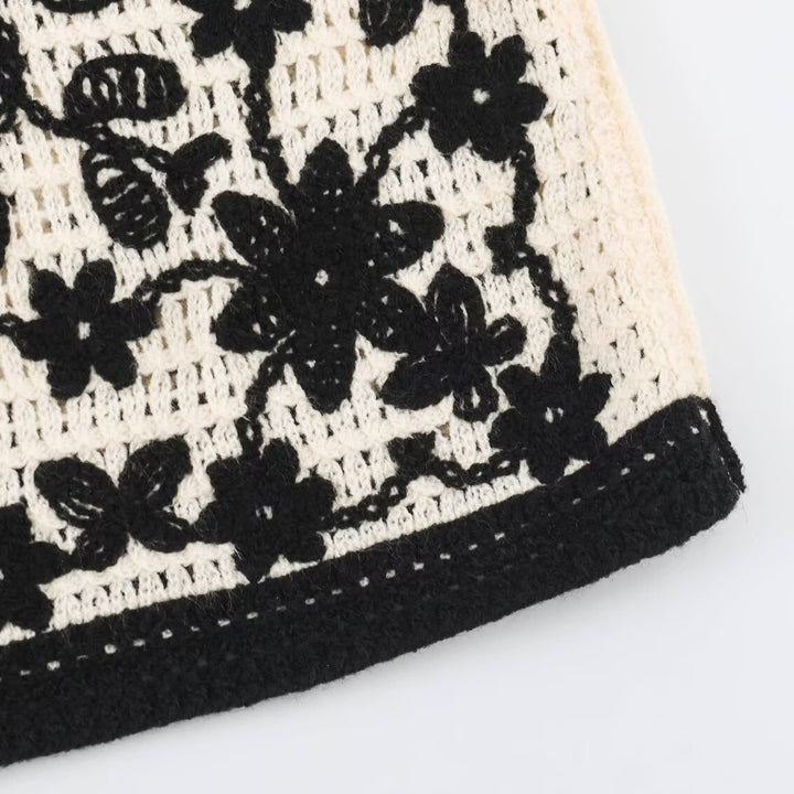 Women's Crocheted Boucle Cardigan with Three-Dimensional Flower Embroidery and Gold Accents Amarae