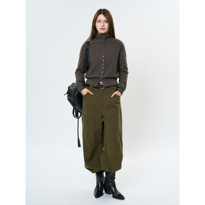 Women's Fluffy Button Cardigan with High Stand-Up Collar and Ribbed Hem Amarae