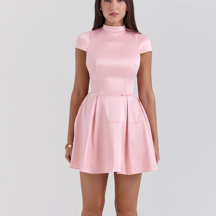 Women's Satin Cocktail Dress with Stand Collar and Voluminous Skirt Lune London