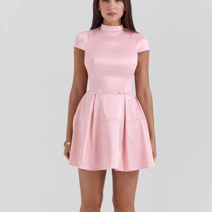 Women's Satin Cocktail Dress with Stand Collar and Voluminous Skirt Lune London