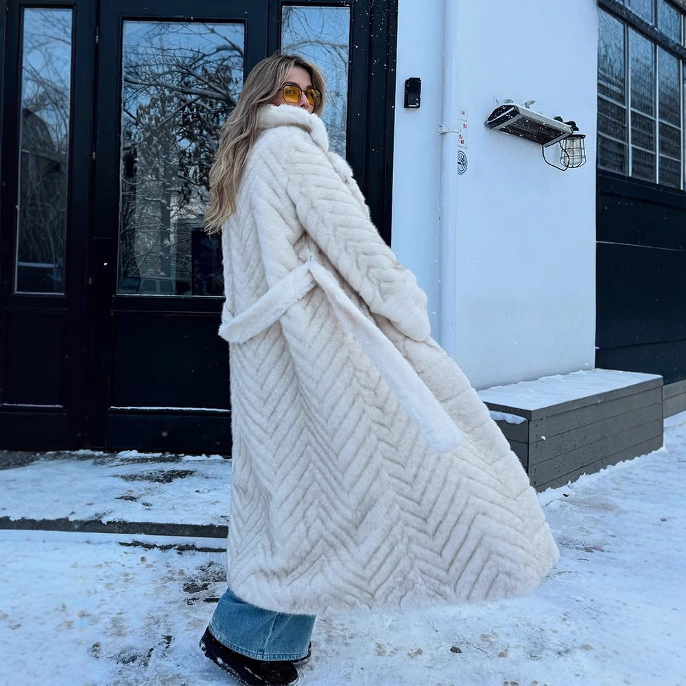 Women's Maxi Faux Fur Coat with Hood and Chevron Quilting Amarae