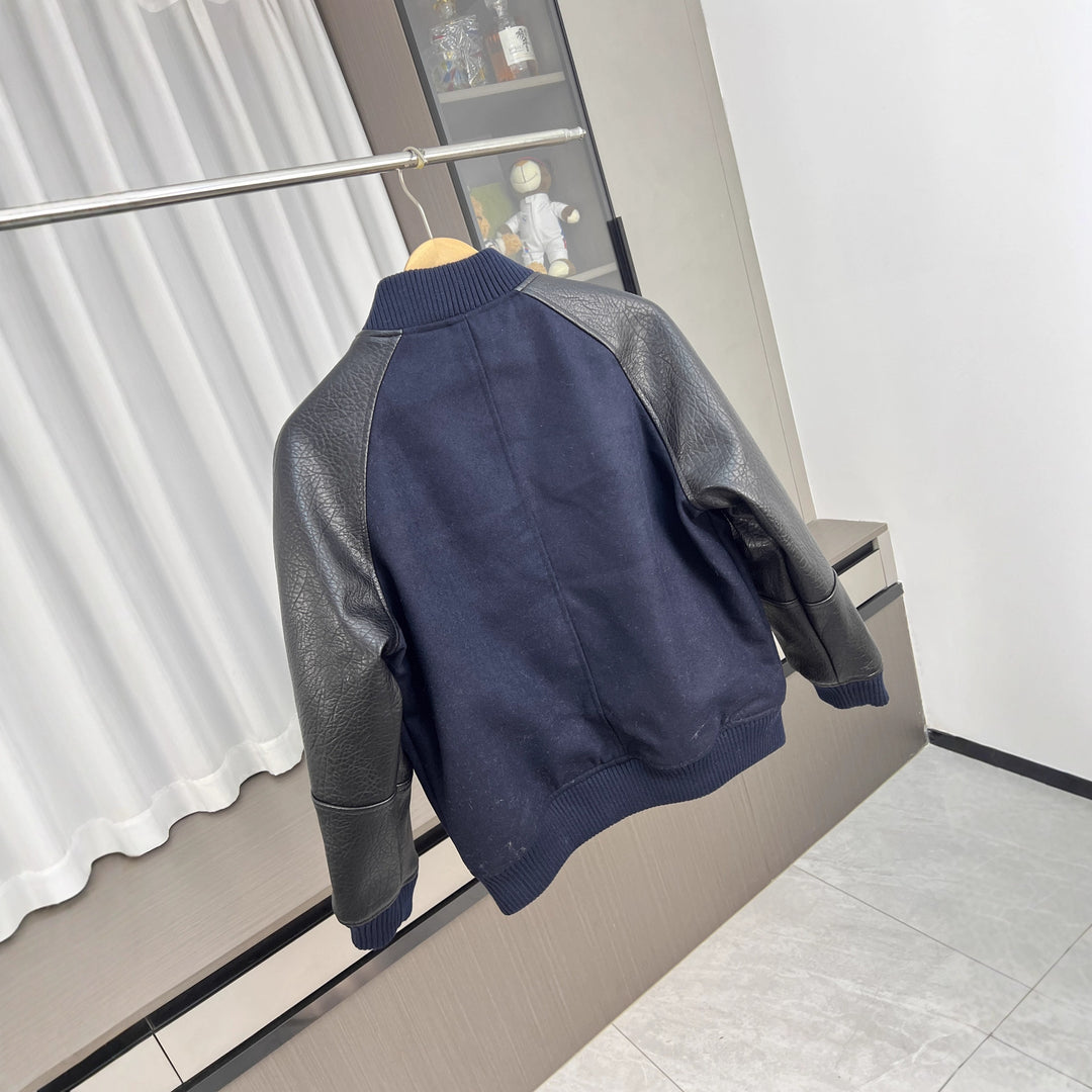Men's College Bomber Jacket with Wool Blend Body and Structured Leather Look Sleeves Amarae