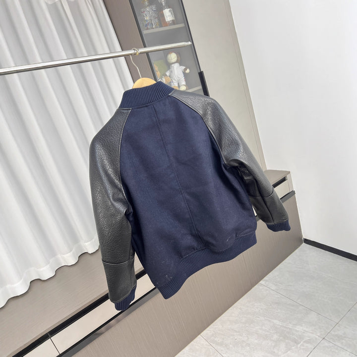 Men's College Bomber Jacket with Wool Blend Body and Structured Leather Look Sleeves Amarae
