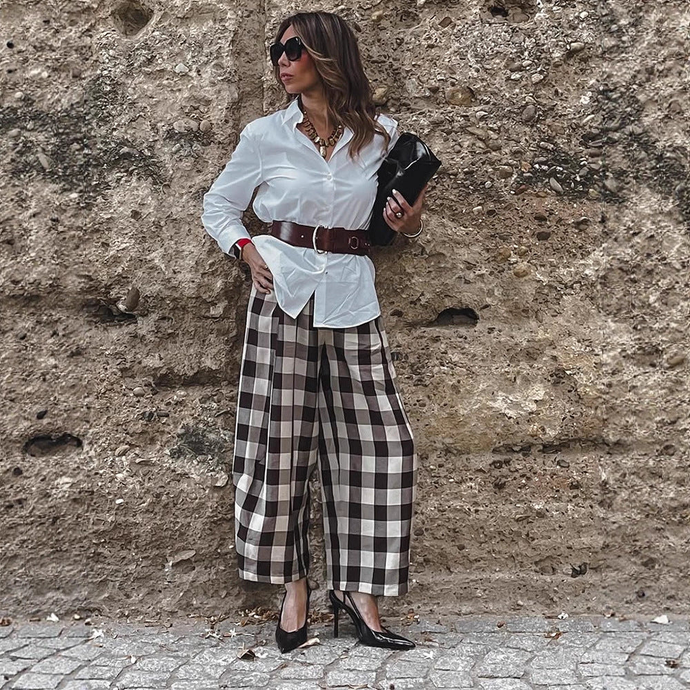 Women's Checked High-Waisted Palazzo Pants with Wide Leg & Pleats Amarae
