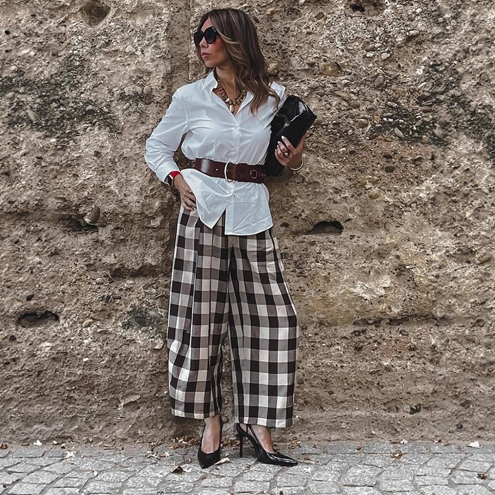 Women's Checked High-Waisted Palazzo Pants with Wide Leg & Pleats Amarae