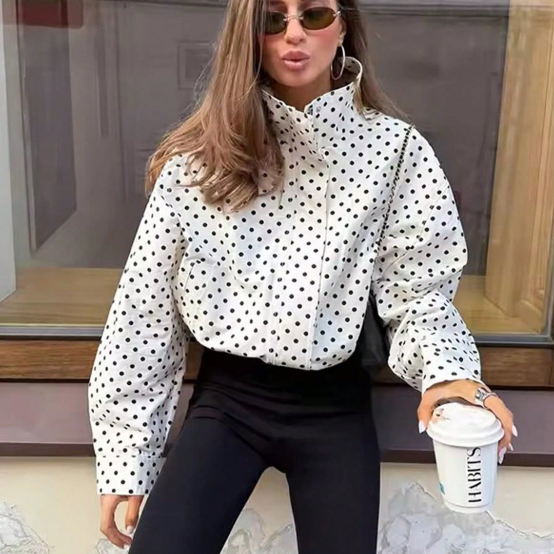 Women Polka Dot Blouse with Stand-up Collar and Balloon Sleeves Amarae