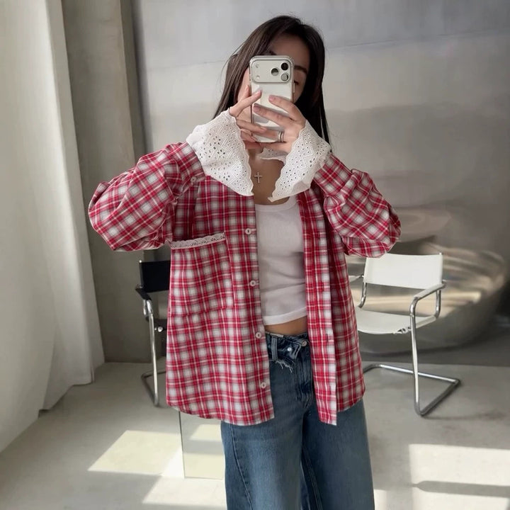 Women’s Oversize Checked Flannel Shirt with Lace Cuffs and Decorative Piping Amarae