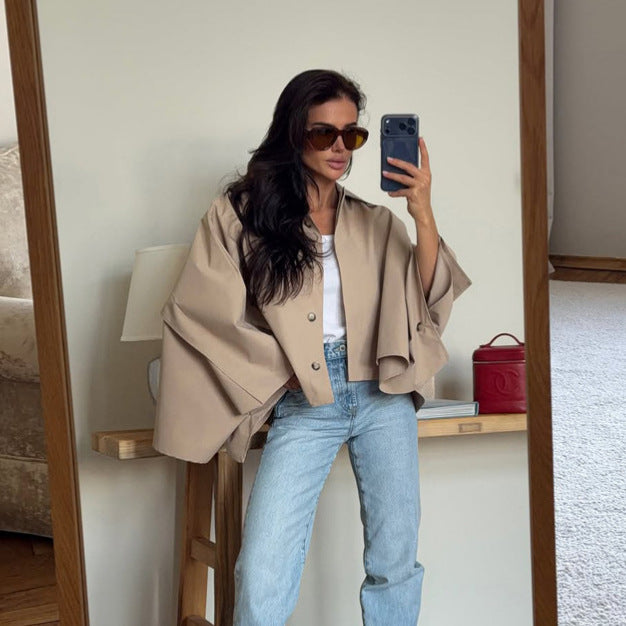 Women's Oversized Cropped Jacket with Voluminous Bat Sleeves and Shirt Collar Amarae