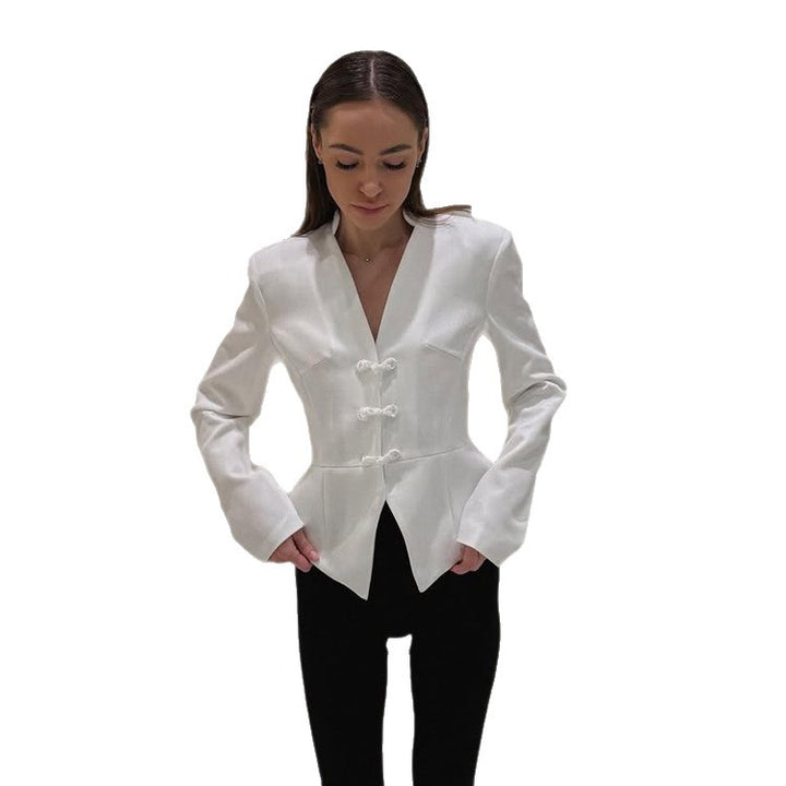 Women's peplum blazer with mandarin-like neckline and decorative knot fastenings Amarae