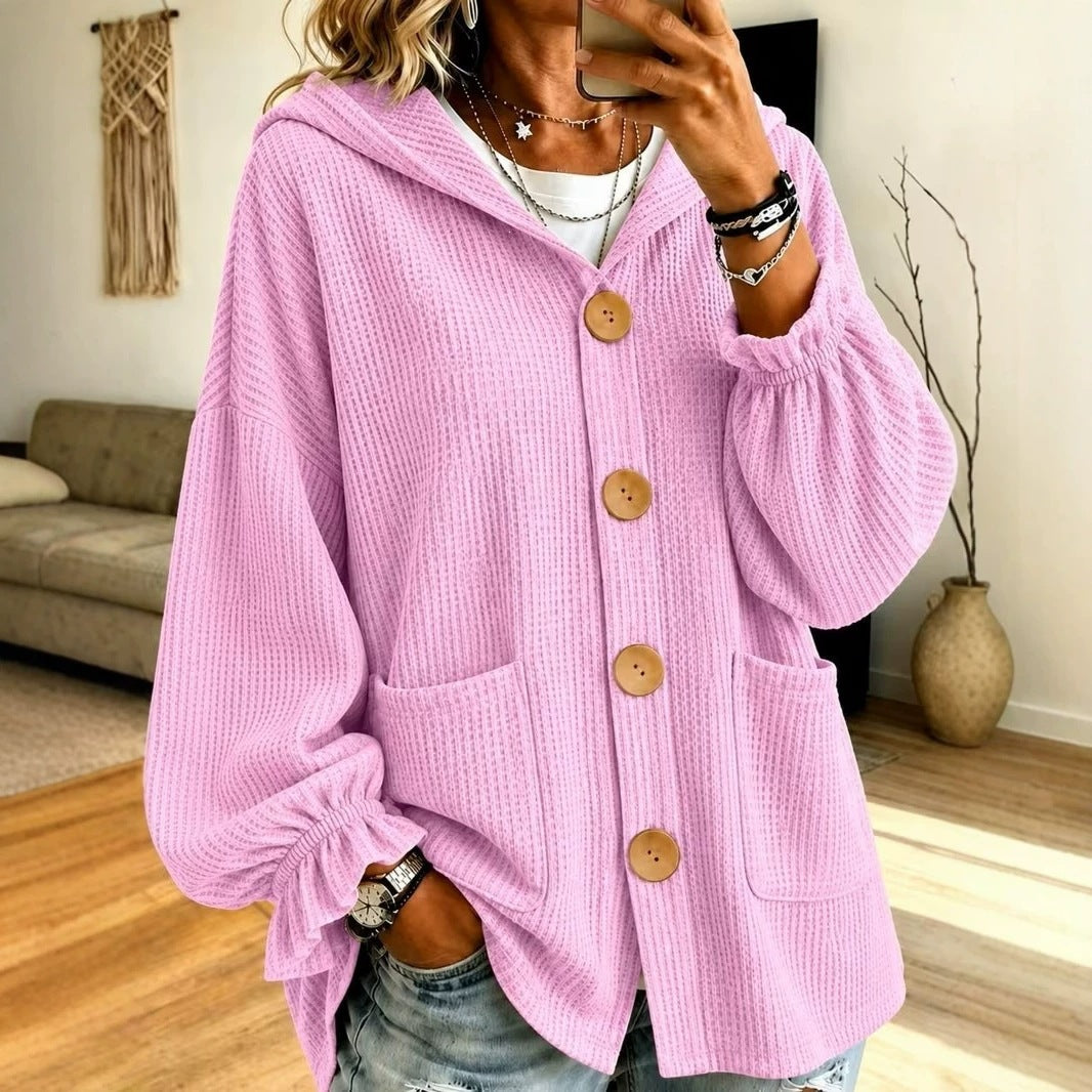 Women's Oversized Hooded Cardigan with Waffle Texture and Wooden Buttons Amarae