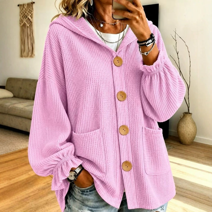 Women's Oversized Hooded Cardigan with Waffle Texture and Wooden Buttons Amarae