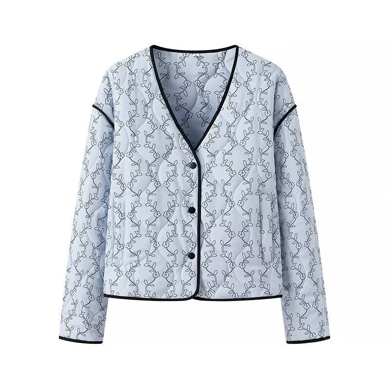 Women's lightweight quilted blouse jacket with V-neck, contrast piping and floral line print Amarae