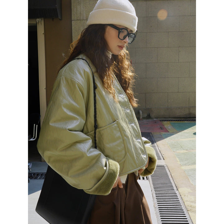 Ladies Boxy Faux Leather Jacket with Quilted Look and Teddy Lining Amarae