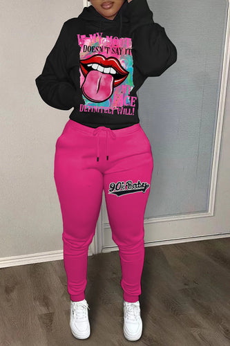 Women's hoodie and jogger pants set with a striking lip pattern and modern print.