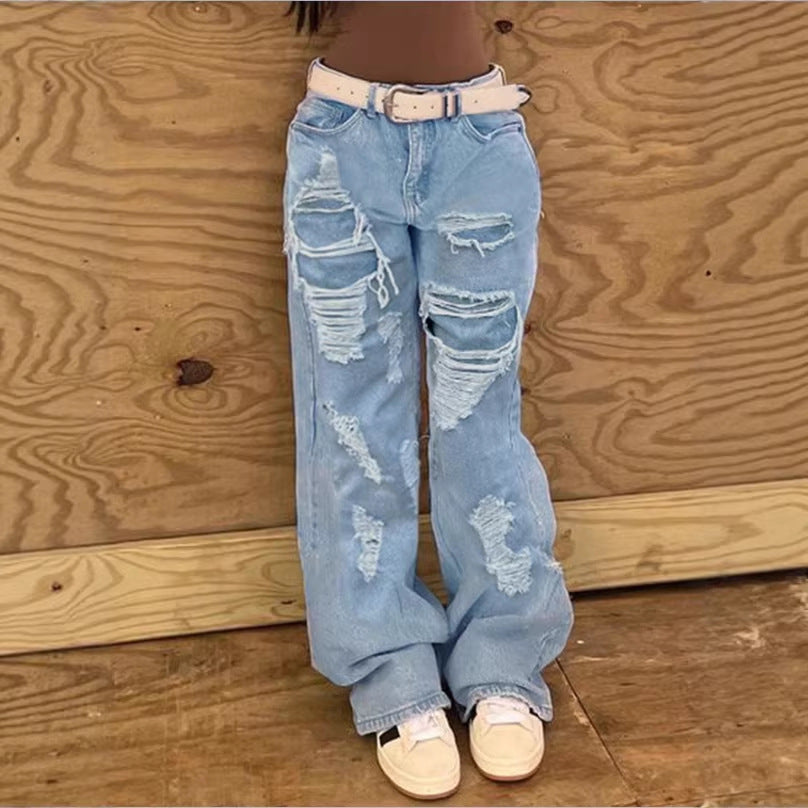 Women's High-Waisted Oversized Baggy Jeans with Strong Destroyed Look and Deep Crotch Amarae