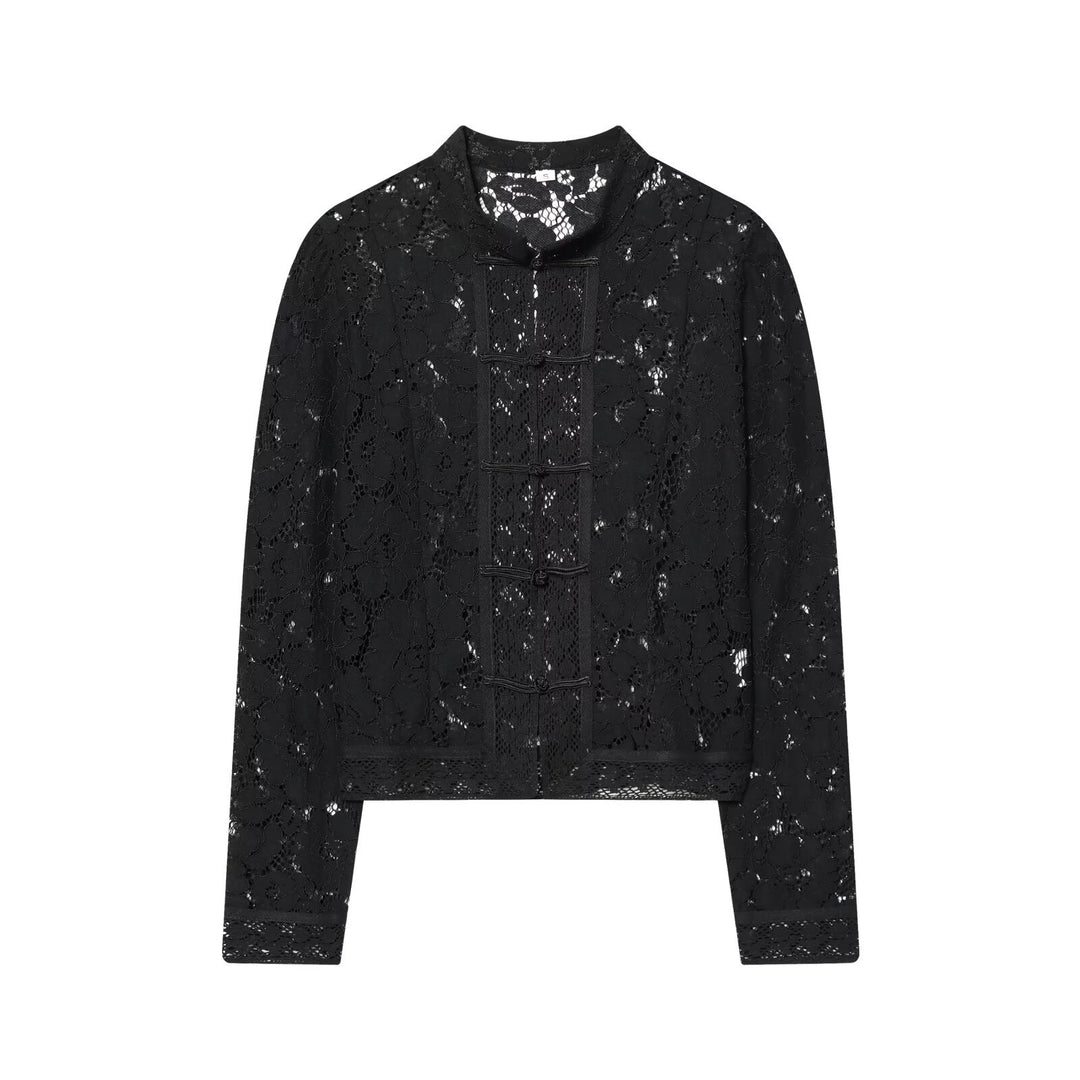 Women's lace jacket with mandarin collar and decorative frog closures Amarae
