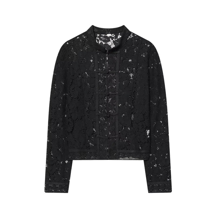 Women's lace jacket with mandarin collar and decorative frog closures Amarae