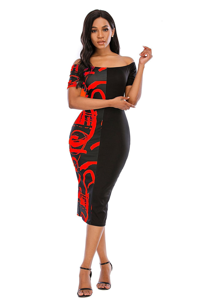 Women Elegant Midi Dress with Off-Shoulder Design, Graphic Print and Fitted Silhouette Lune London