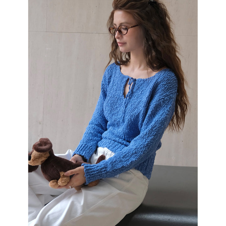 Women's chunky knit sweater with wide bateau neckline and tie belt Amarae