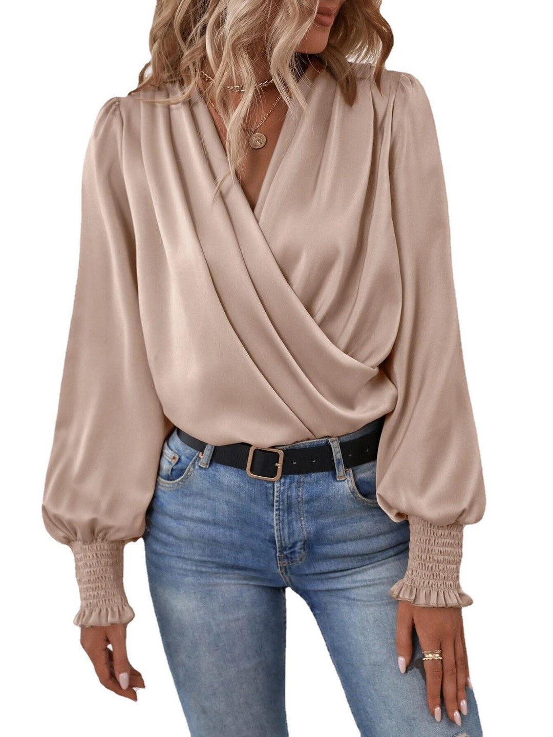 Elegant woman blouse with draped design and narrow sleeves Lune London
