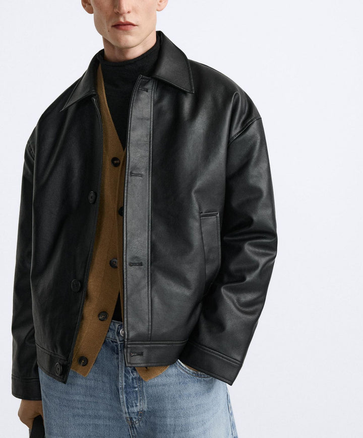 Men's Short Cut Leather Jacket with Classic Collar Amarae