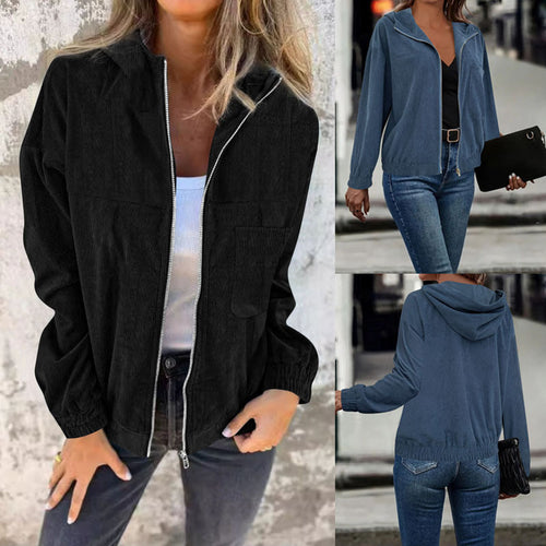 Cropped hooded jacket for women in high-quality corduroy fabric with practical pockets and elastic cuffs Amarae