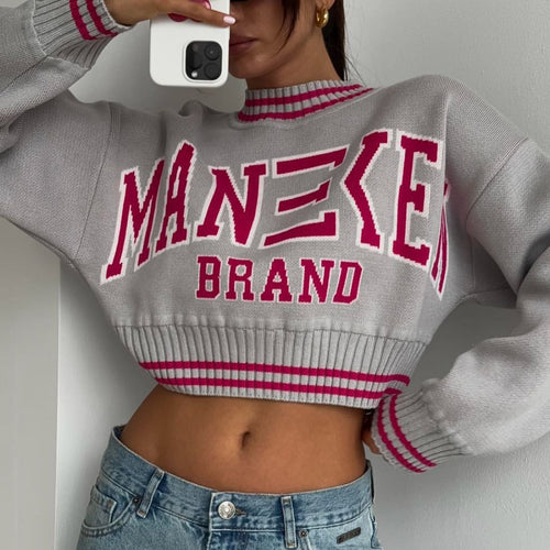 Ladies trendy, casual Crop-Sweater with graphic text and chic sports accents