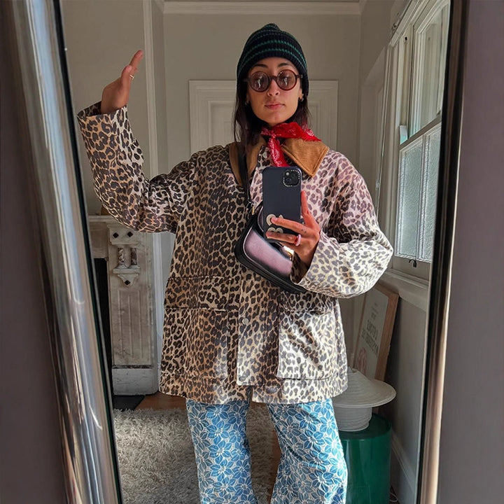 Women's Oversize Field Jacket with Leopard Print and Contrasting Cord Collar Amarae