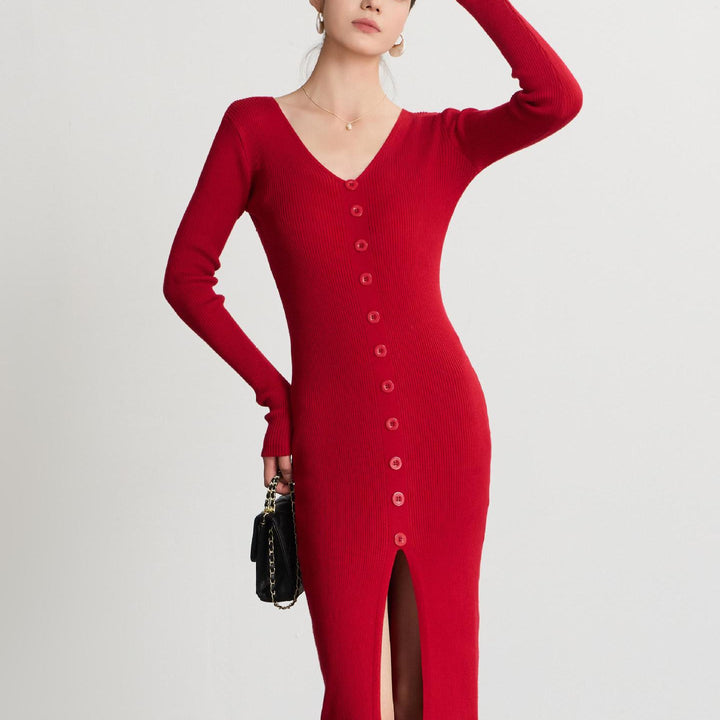 Ladies Long Sleeve Maxi Dress with Ribbed Structure and Button Detail Lune London