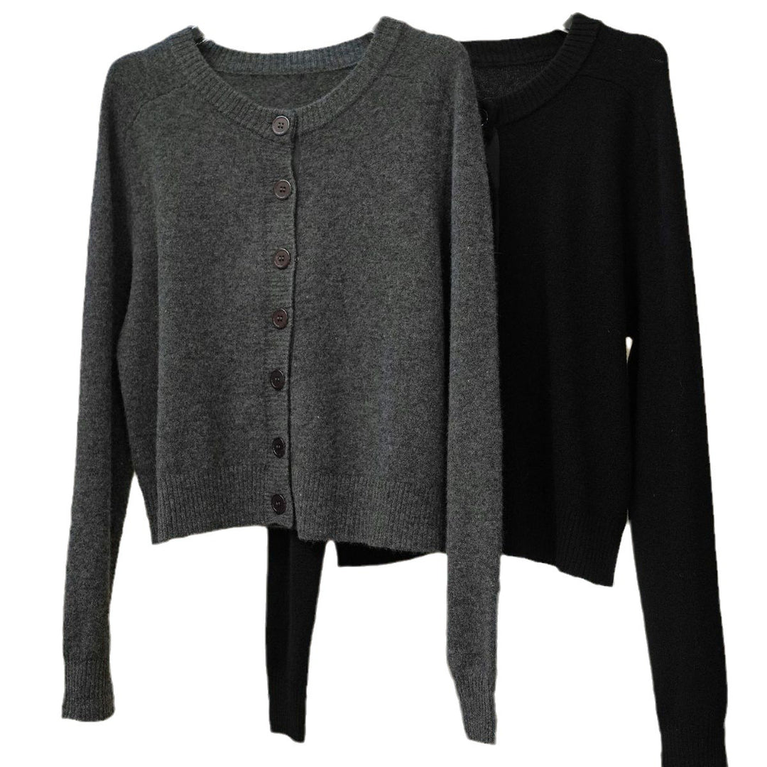 Women's Short Button Placket Cardigan made of fluffy Wool Blend with Round Neckline Amarae