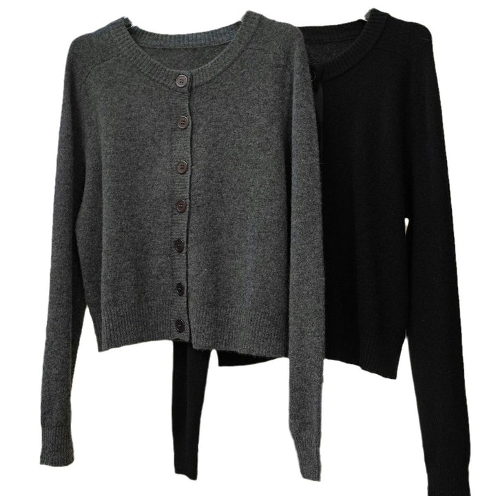 Women's Short Button Placket Cardigan made of fluffy Wool Blend with Round Neckline Amarae