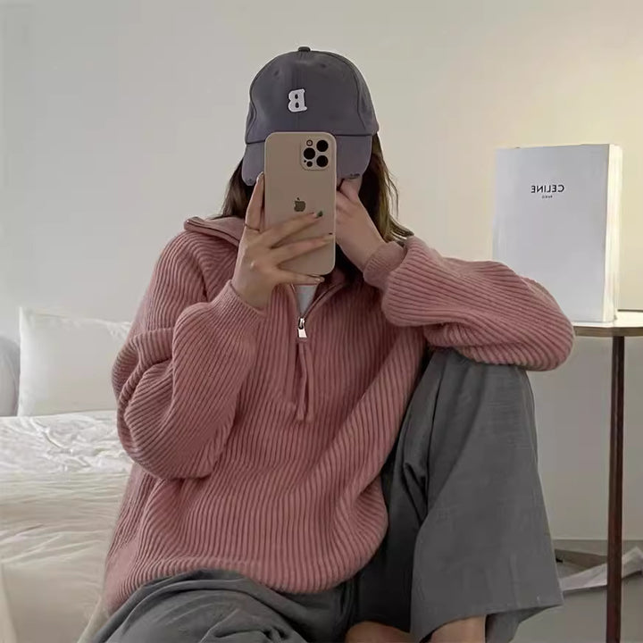 Knitted sweater for ladies with high collar and ribbed structure Lune London